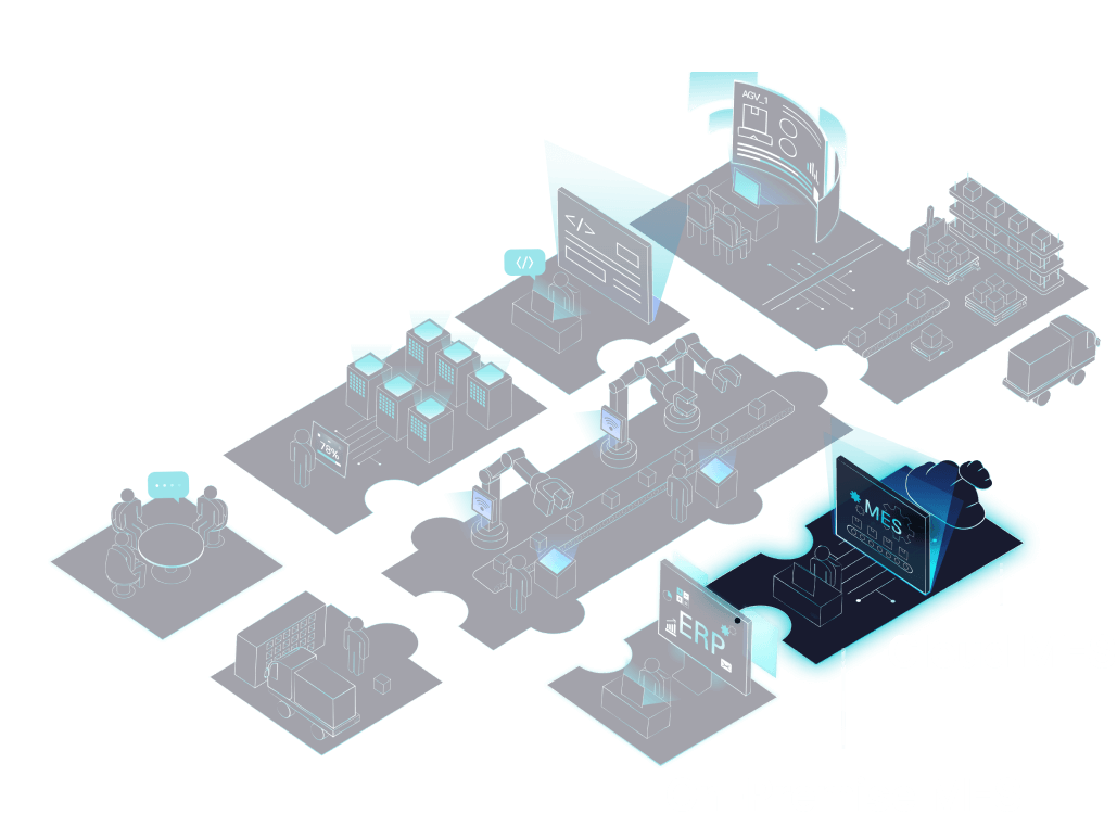 스마트팩토리 8가지 서비스가 담긴 공장 내 공정 스마트팩토리컨설팅, IT 인프라, IT 운영(ITO), 제조물류자동화, 설비자동화, 전사자원관리(ERP), On-Premise MES, Cloud MES 중 On-Premise MES, Cloud MES 선택됨